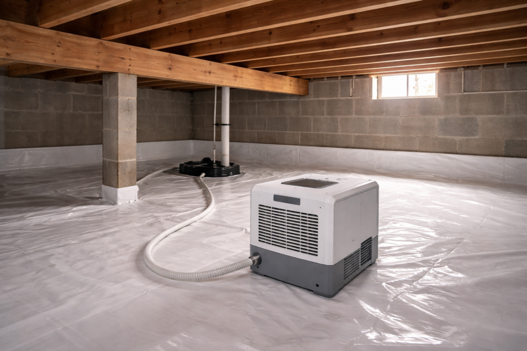 Crawl space dehumidifier operating on a vapor barrier beneath a residential home to control moisture and humidity.