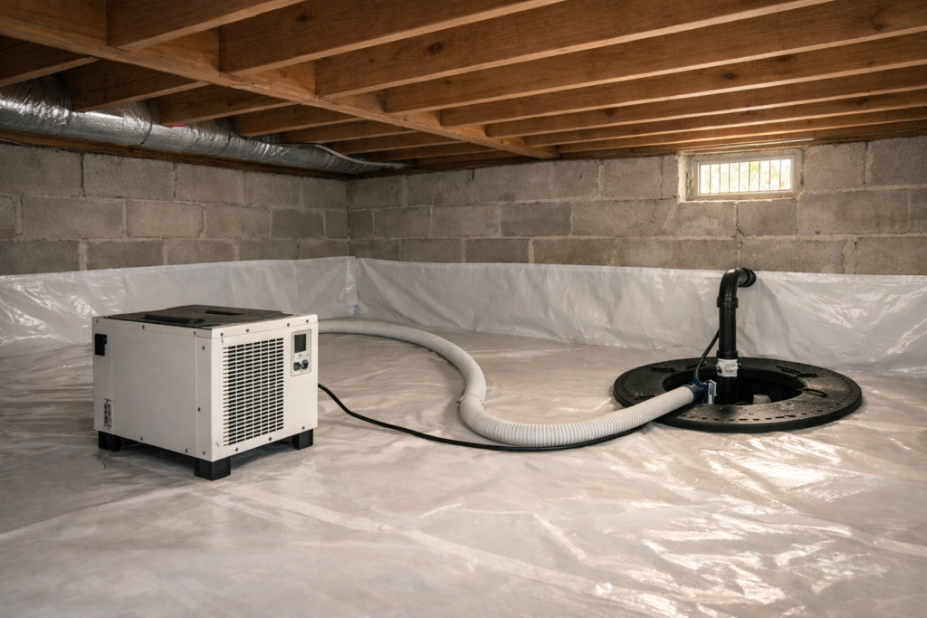 Crawl space dehumidifier installed on vapor barrier with drainage hose in residential crawl space.