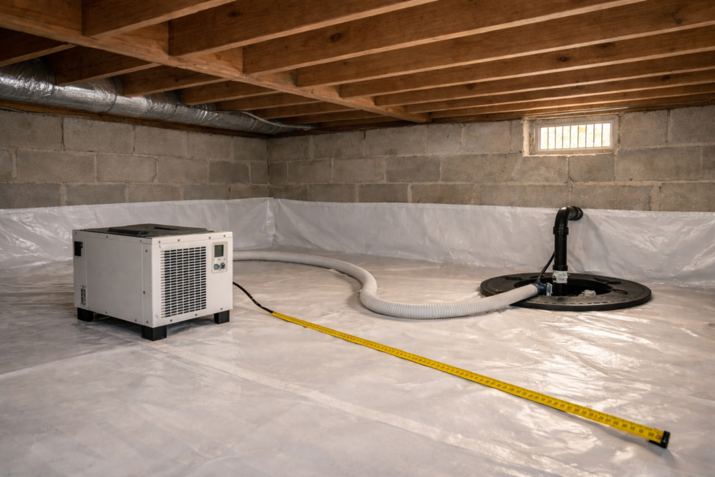 Measuring crawl space size to determine correct dehumidifier capacity.