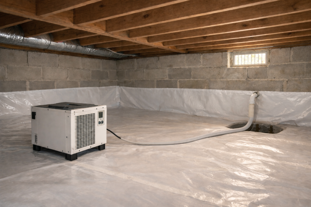 Crawl space dehumidifier removing moisture in enclosed residential crawl space.