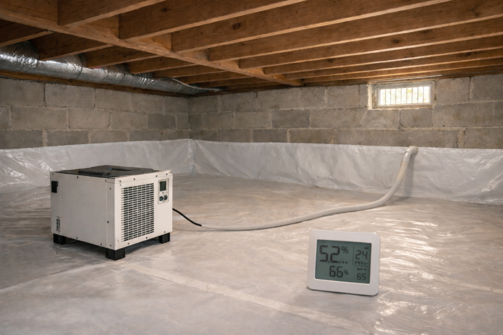 Digital hygrometer measuring humidity level in residential crawl space.