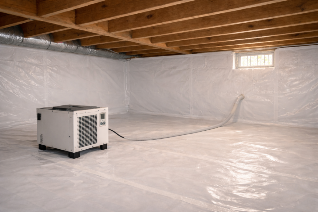 Encapsulated crawl space with vapor barrier and dehumidifier installed.