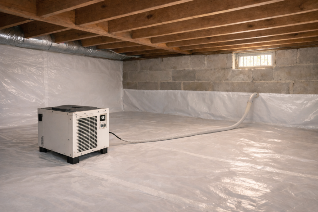 Residential crawl space with dehumidifier maintaining controlled humidity level.