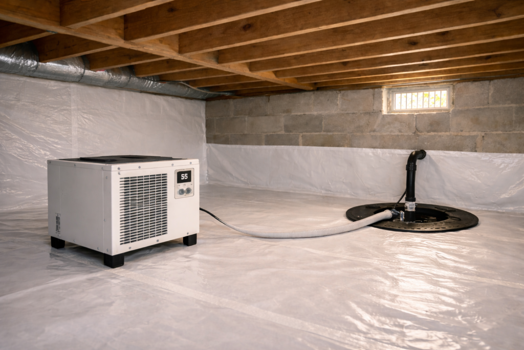 High-capacity crawl space dehumidifier installed in residential crawl space.