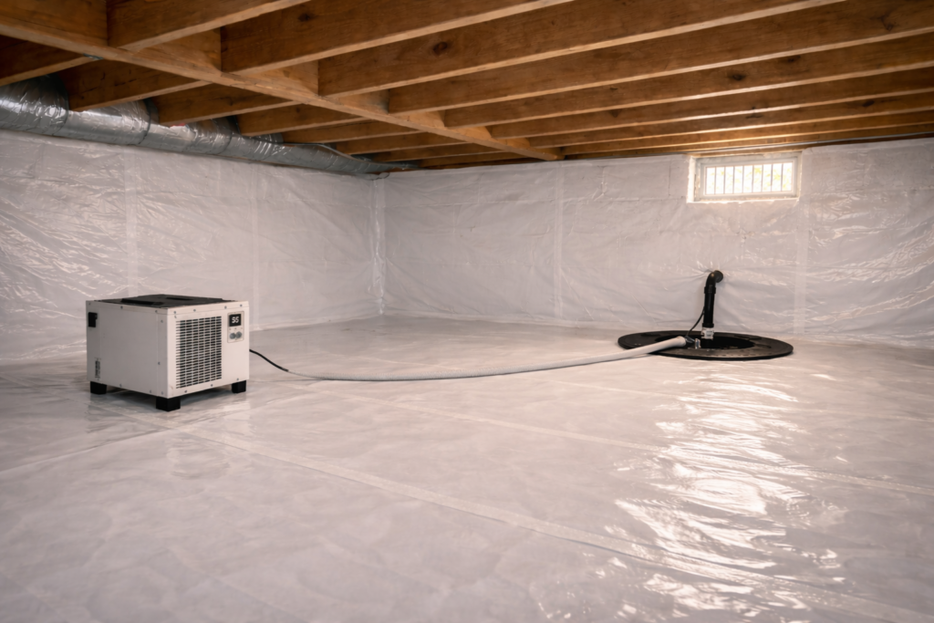 Crawl space dehumidifier installed in 1,000 square foot residential crawl space.