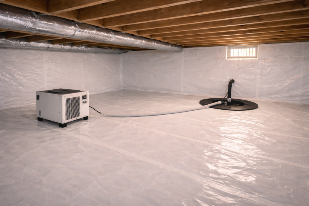 Mid-capacity crawl space dehumidifier installed in 1,500 square foot crawl space with visible ductwork.