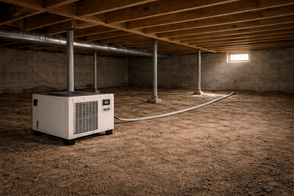 High-capacity crawl space dehumidifier installed in large 2,000 square foot crawl space with support posts.