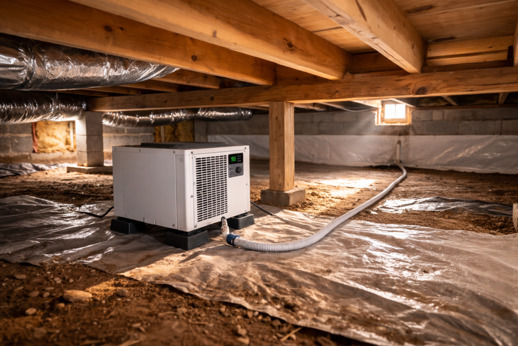 Compact crawl space dehumidifier installed in tight small residential crawl space.
