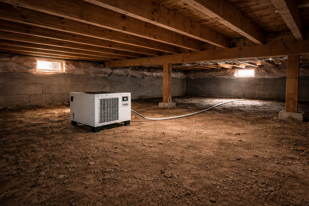 Proper central placement of crawl space dehumidifier with clear airflow space around unit.