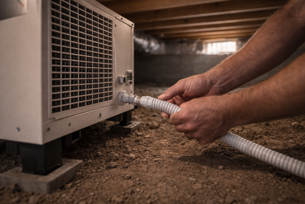 Connecting drainage hose during crawl space dehumidifier installation.