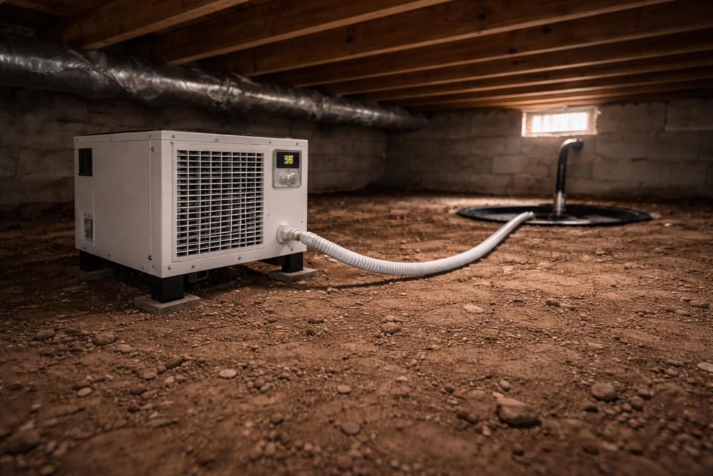 Crawl space dehumidifier with drainage hose connected to sump pit.