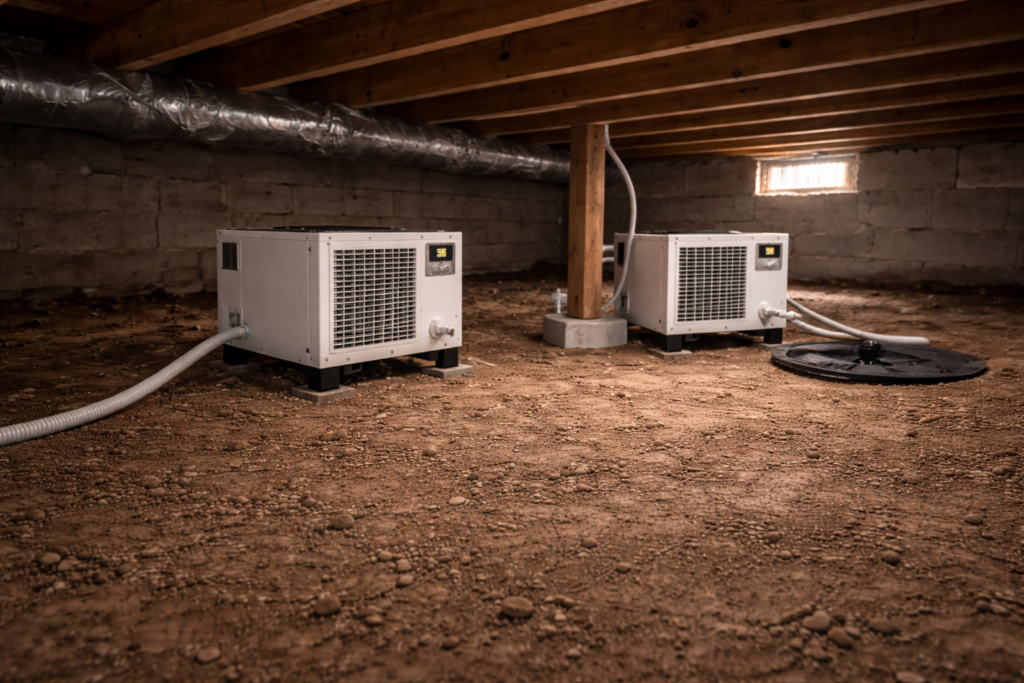 Comparison of gravity drain and pump drain setups for crawl space dehumidifiers.