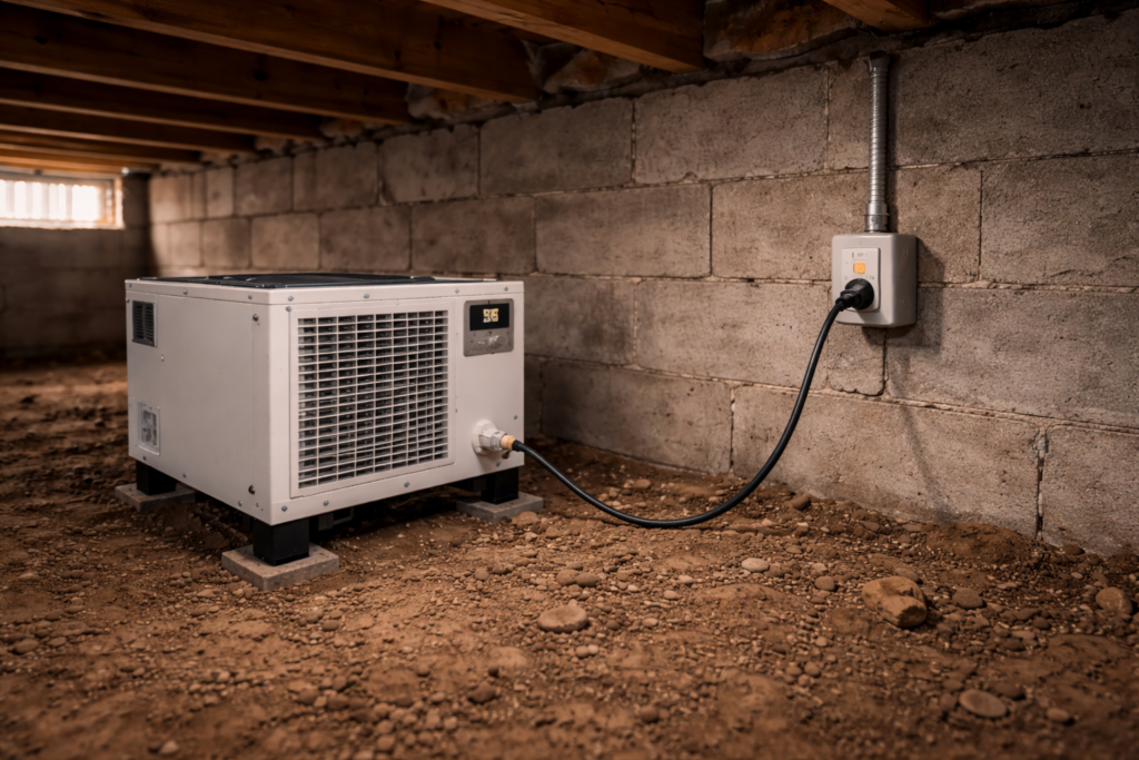 Crawl space dehumidifier plugged into grounded outlet with electrical conduit.
