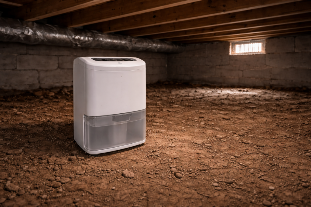 Standard portable room dehumidifier placed inside residential crawl space.