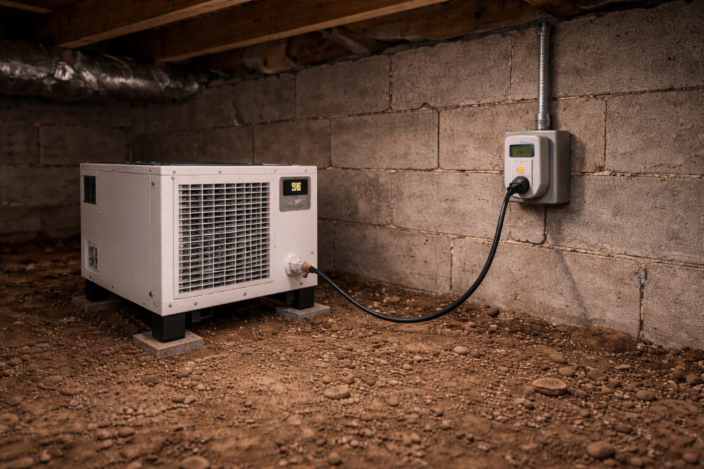 Crawl space dehumidifier connected to electricity usage meter to estimate running cost.