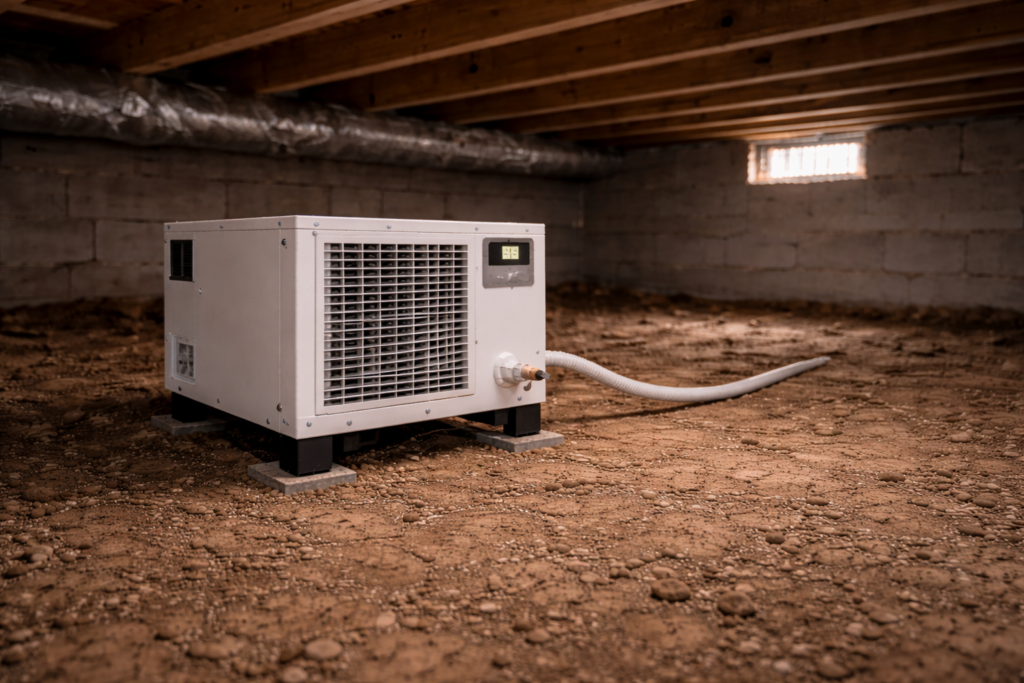 Crawl space dehumidifier running inside residential crawl space.