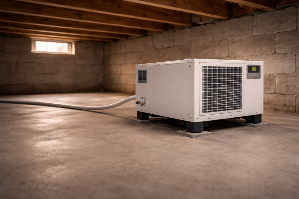 Side-profile crawl space dehumidifier on concrete floor with small basement window above.