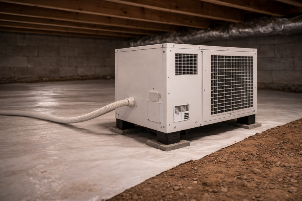 Rear view of crawl space dehumidifier elevated on blocks inside residential crawl space.
