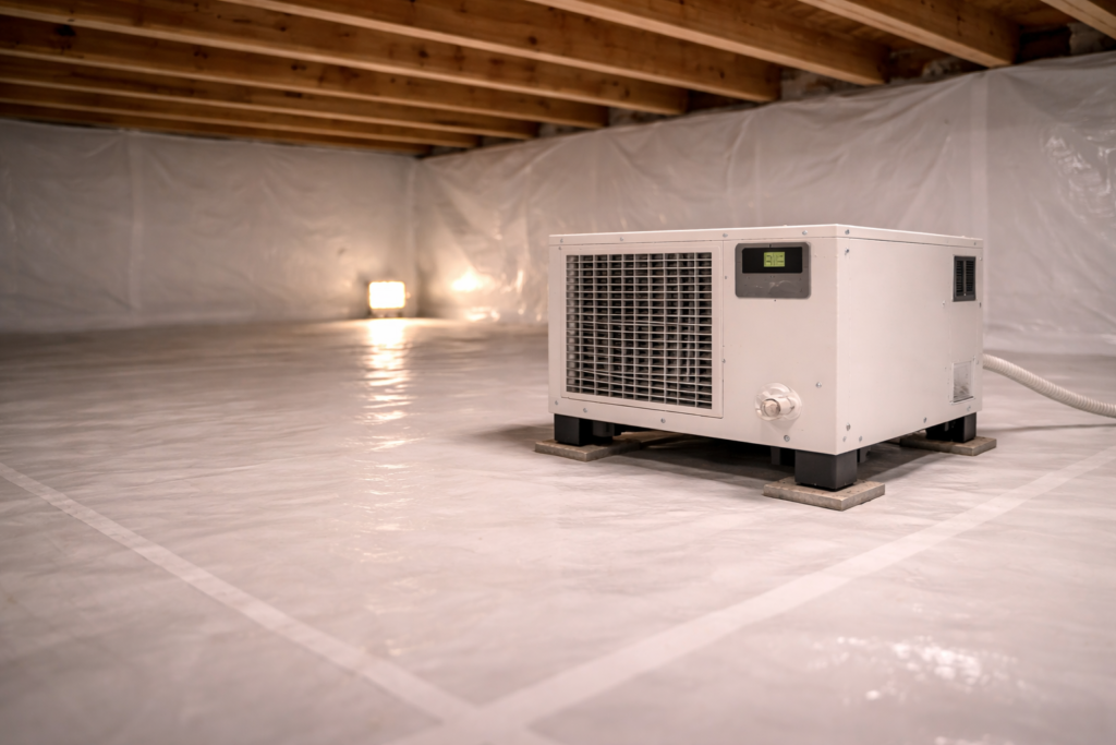 Energy efficient crawl space dehumidifier operating inside encapsulated crawl space.