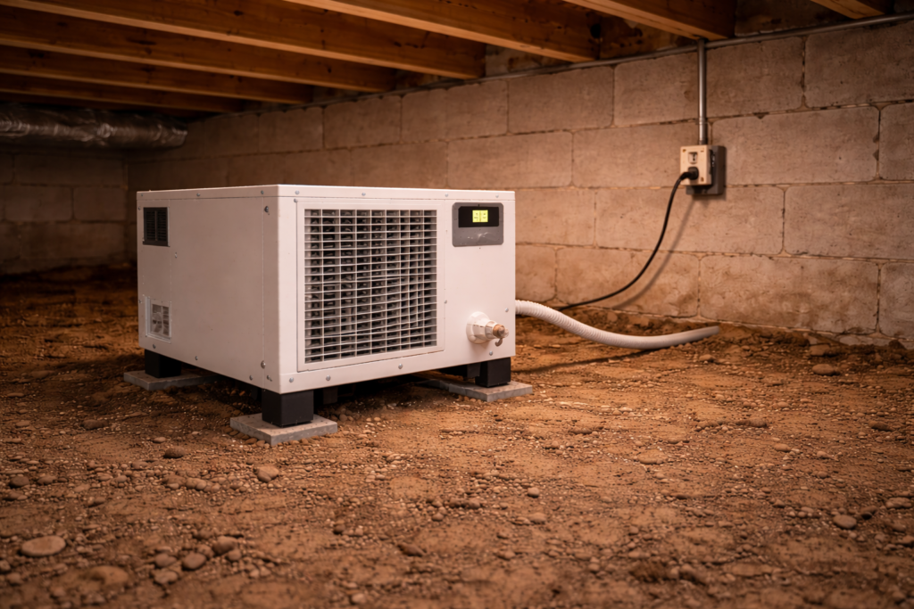 Budget crawl space dehumidifier positioned near foundation wall with electrical conduit visible.