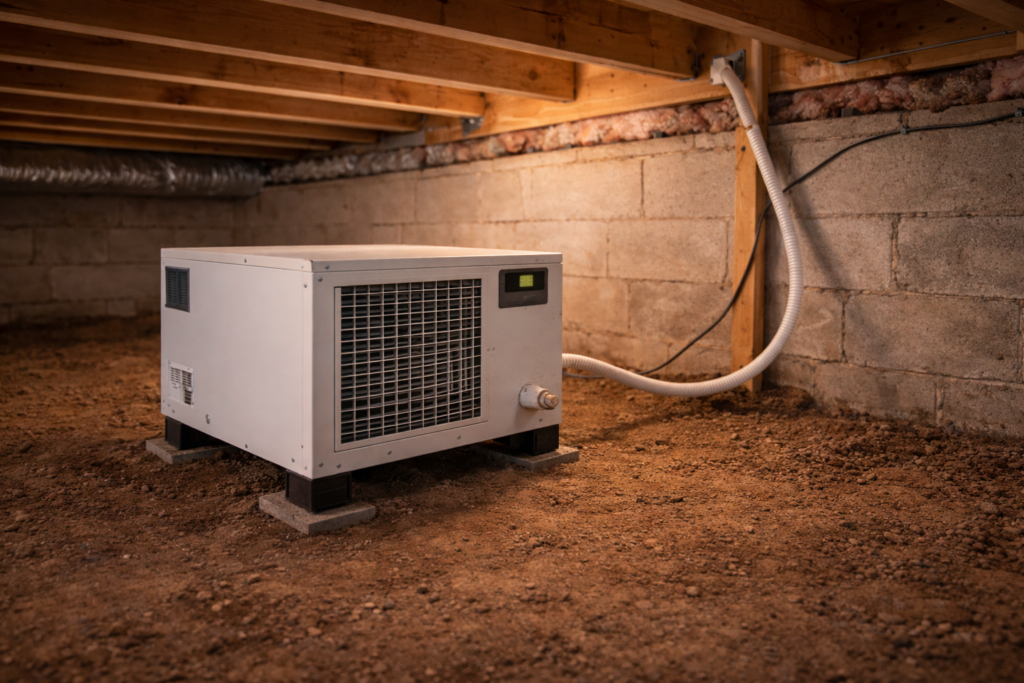 Crawl space dehumidifier with built-in pump and upward discharge tubing.