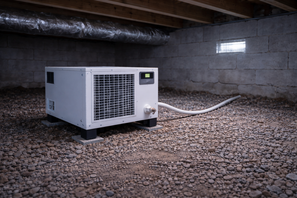 Low temperature crawl space dehumidifier operating in cool residential crawl space.