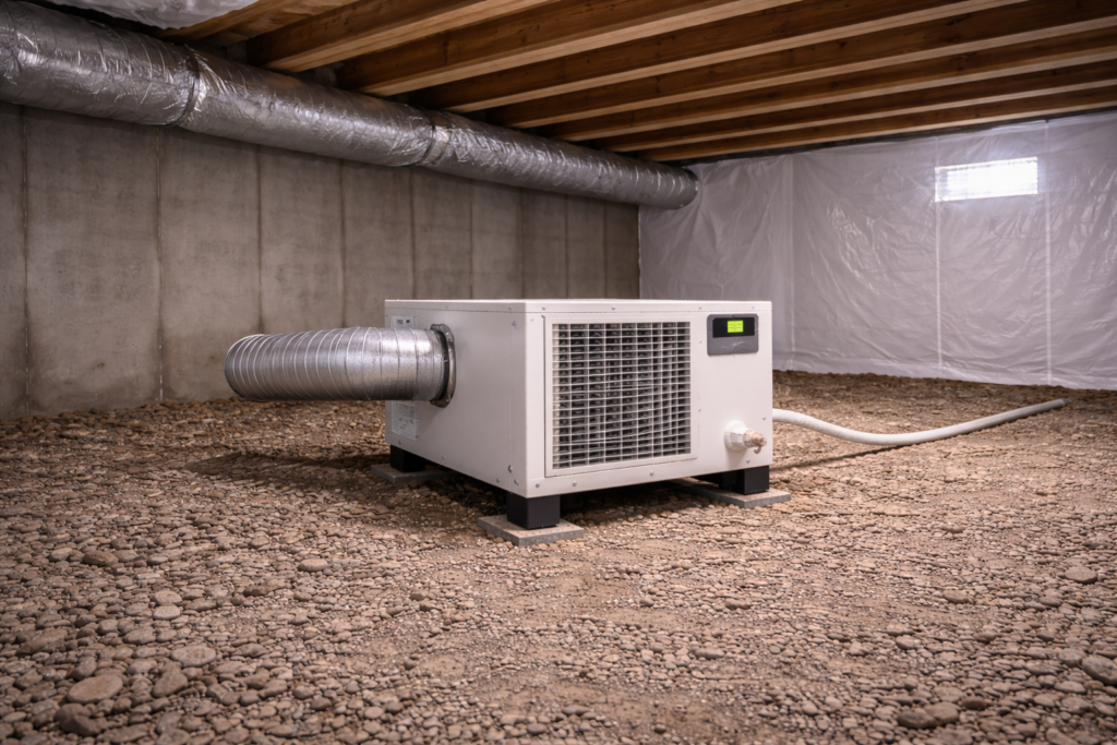 Commercial-grade crawl space dehumidifier installed in large crawl space with tall foundation walls.