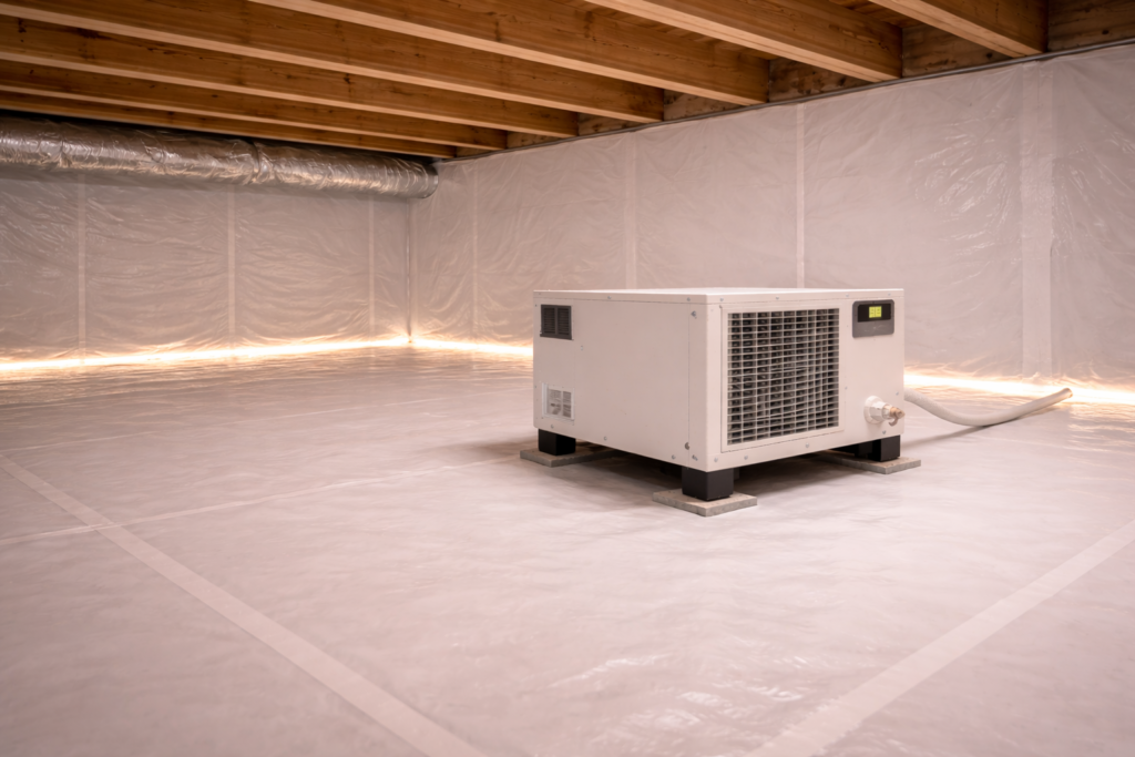Dehumidifier operating inside bright white encapsulated crawl space.