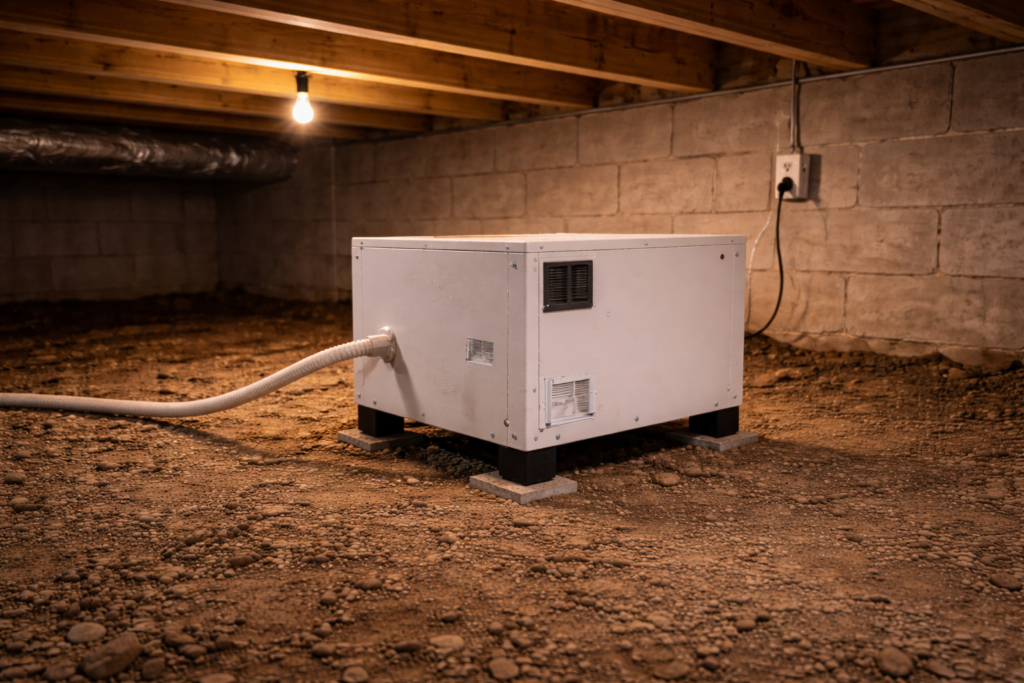 Crawl space dehumidifier operating in darker crawl space to help prevent mold.