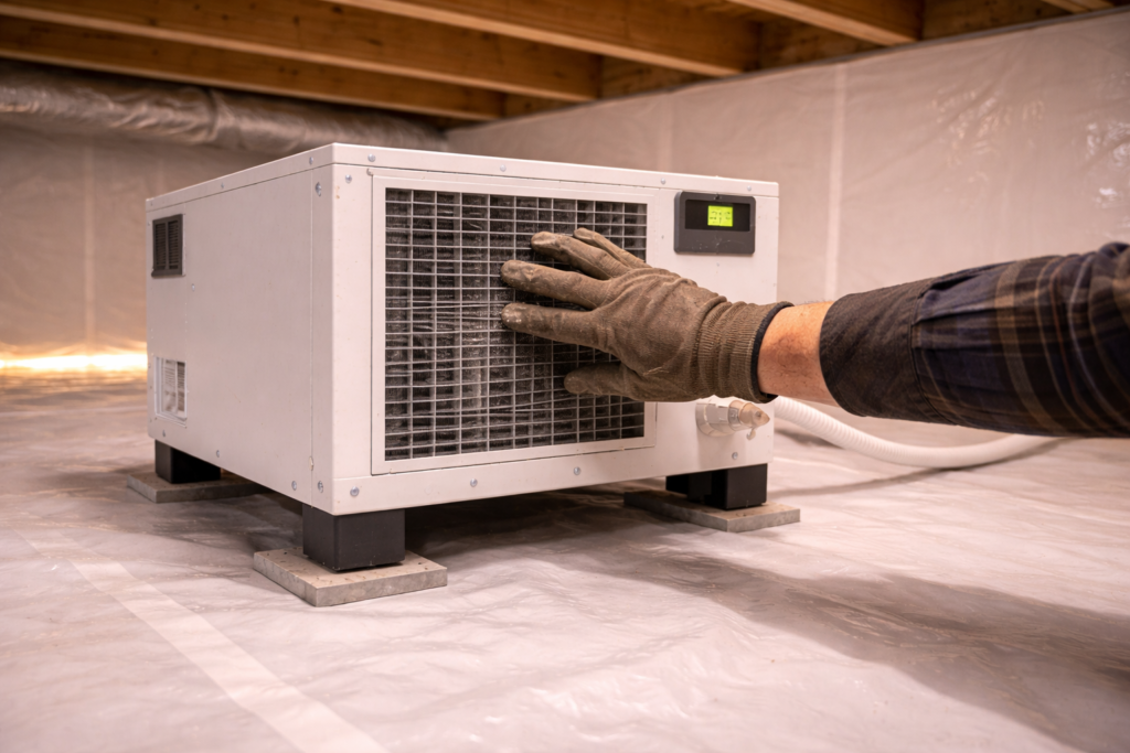 Cleaning intake grille during crawl space dehumidifier maintenance.