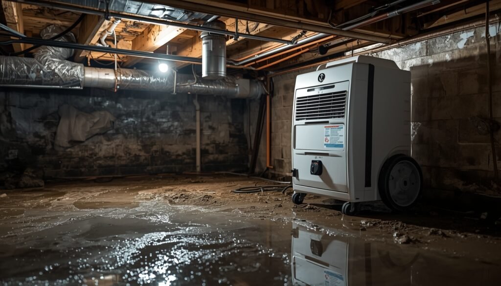 crawl space still damp with dehumidifier running showing moisture on ground and pipes