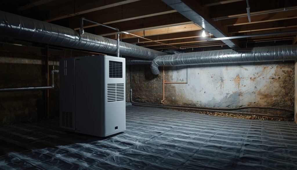 crawl space under a house showing a dehumidifier running with dry air circulating, visible contrast between damp and dry areas, vapor barrier on ground, pipes and insulation visible, clean and controlled environment, soft low lighting typical of crawl space, realistic and slightly technical home setting, photorealistic