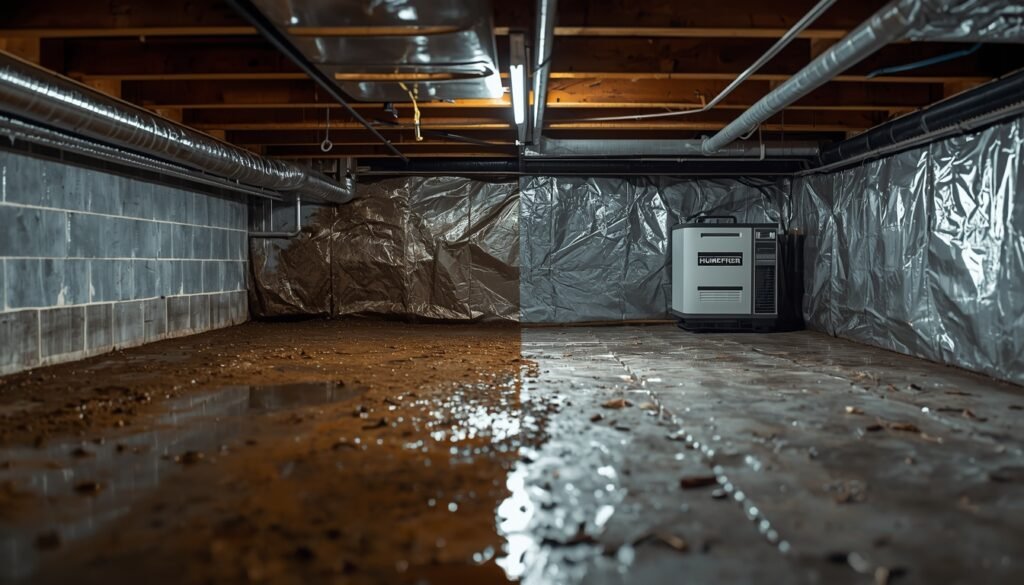 crawl space drying process showing transition from damp to dry with dehumidifier in operation