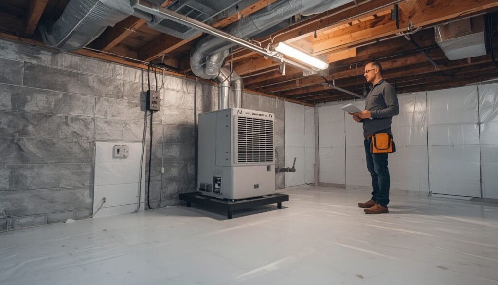 Crawl space dehumidifier installed in a clean encapsulated crawl space with drain hose and service tools