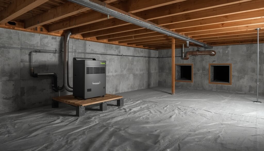 Crawl space dehumidifier installed in a clean crawl space with foundation ventilation visible