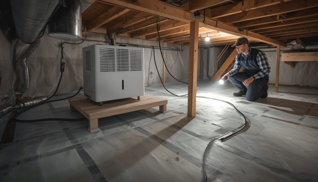Crawl space dehumidifier with drain hose and pump setup in a clean dry crawl space