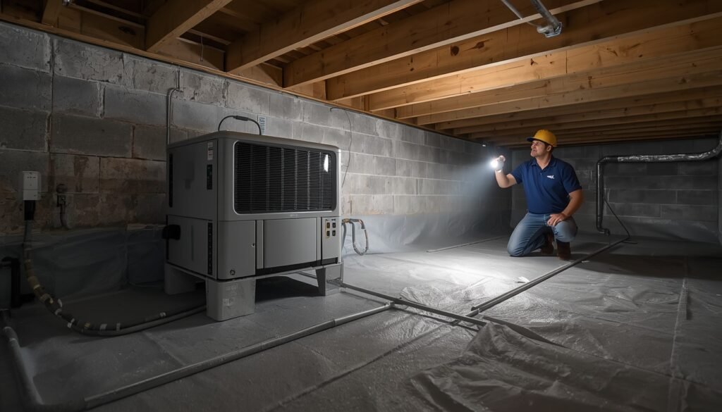 Homeowner inspecting a crawl space dehumidifier installed in a clean dry crawl space